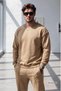 Men's Beige Reverse Stitch Detailed Crew Neck Beige Green Baggy Tracksuit Top and Bottom Set - 2