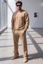 Men's Beige Reverse Stitch Detailed Crew Neck Beige Green Baggy Tracksuit Top and Bottom Set