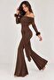 Imported Stretch Fabric Madonna Collar Fur Detailed Draped Spanish Flare Jumpsuit - 5