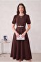 Watermelon Sleeves Brown Midi Length Evening Dress with Stone Accessories Graduation Dress - 2