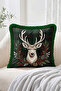 Plaid and Pine Branch Patterned Fringed-Tasseled Throw Pillow Cover with Deer Figure
