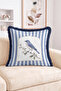 Vintage Bird and Flower Branch Pattern Blue Striped Fringed-Tasseled Throw Pillow Cover - 2
