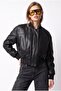 Bomber Coated Pilot Zippered Double Pocket Ribbed Black Leather Jacket - 2