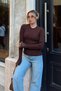 Brown Lace Detail at the Sleeve Cuff Ribbed Openwork Women's Knitwear Sweater - 2