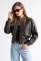 Bomber Coated Pilot Zippered Double Pocket Ribbed Bitter Brown Leather Jacket - 6