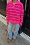 Pink Double Striped Polo Collar Buttoned Low Sleeve Women's Knitwear Sweater - 4