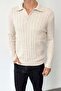 Men's Polo Collar Buttoned Hair Knit Pattern Knitwear Sweater Stone - 26501 - 2