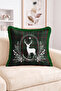 White Deer Figured Green Red Plaid and Pine Cone Fringed-Tasseled Throw Pillow Cover