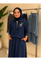 Dark Denim Stone Detailed Zippered Denim Skirt Suit 7555