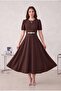 Watermelon Sleeves Brown Midi Length Evening Dress with Stone Accessories Graduation Dress - 4