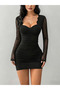 Women's Lace Long Sleeve Short Janjan Dress with Laser Wave Cut Detail - 3