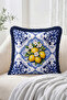 Lemon Flower and Blue White Tile Pattern Fringed-Tasseled Throw Pillow Cover - 2