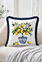 Lemon Tree and Blue Chinese Motif Flowerpot Patterned Fringed-Tasseled Throw Pillow Cover