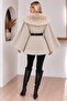 Fur Collar Belted Cashmere Stone Color Poncho - 3