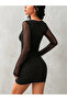 Women's Lace Long Sleeve Short Janjan Dress with Laser Wave Cut Detail - 2
