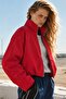 Women's Vanta Oversize Bomber Jacket Red – High Collar, Full Zipper, Hidden Pockets, Elastic Waist - 3
