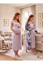 New Season Gray Patterned Buttoned Special Design Lace Detailed Wide Strap 100% Cotton Maternity Pajamas Nightgown Set - 6