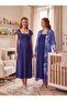 New Season Navy Blue Patterned Buttoned Special Design Lace Detailed Wide Strap 100% Cotton Maternity Nightgown Set