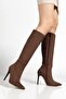 Zri̇nx-226 Premium Brown Suede Zippered Elastic Thin High Heeled Women's Boots 11 cm
