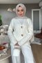 Women's Gold Buttoned Soft Textured V-Neck Knitwear Cardigan 2631 - Ecru - 5