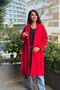 Women's Red Belted Long Cashmere Coat with Pockets, Stylish Winter Coat |   Lined Buttonless Winter Coat - 3