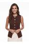 Bitter Brown Woven Fabric Crew Neck Regular Fit Gold Button Detailed Lined Vest