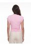Pink Stretchy Fabric Boat Neck Blouse with Gathered Side Draping and Eyelet Button Detailing - 3