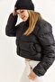 Black Stand Collar Short Puffer Jacket with Zipper Closure and Pockets - 4