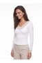 White Cotton Flexible Combed Cotton Long Sleeve V-Neck Lace Detailed Bodycon Blouse - 4
