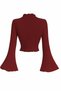 Burgundy Knitwear Flounced Spanish Flare High Waist Top and Bottom Set - 4