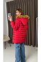 Red Fur Hooded Stand Collar Practical Cut-Design Half-Length Puffer Coat with Zipper Pockets - 3