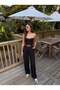 Black Flowy Fabric High Waist Wide Leg Comfortable Fit Belted Side Pockets Palazzo Trousers