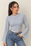 Women Sweatshirt Long Sleeve Striped Crew Neck Spanish Batwing Sleeve Drawstring Waist Cropped Blouse