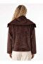 Brown Faux Fur Textured Wide Collar Practical Cut Side Pockets Metal Zipper Coat - 3
