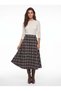 Beige Navy Blue Plaid Patterned High Waist Woven Fabric Pocket Detailed A-Line Long Skirt - 2