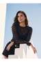 Black Transparent Lace Textured Half Turtleneck Stretchy Long Sleeve Feminine Look Blouse