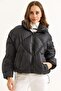 Black Stand Collar Oversize Inflatable Coat with Elastic Bottom and Adjustable Drawstring Zipper - 4