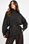 Anthracite Knitwear Turtleneck Bat Sleeve Asymmetrical Cut Knitted Sweater with Belt Accessory - 2