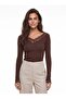 Bitter Brown Cotton Stretch Fabric V-Neck Long Sleeve Body-Fitting Lace Detailed Combed Cotton Blouse - 2