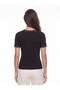 Black Corduroy Viscose Blend Deep V-Neck Short Sleeve Bodycon Blouse with Lace Detail - 3
