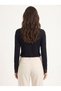 Black Stretchy Viscose Fabric V-Neck Long Sleeve Blouse with Lace Detail on Collar and Sleeves - 3