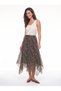 Brown Chiffon Fabric Elastic Waist Draped Form Patterned Asymmetrical Cut Lined Midi Skirt - 4