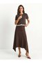 Bitter Brown Knitted Fabric Asymmetrical Cut Skirt with Elastic Waist and Button Detail on the Front, Flowing Midi Skirt - 2