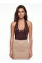 Bitter Brown Stretchy Fabric Halter Neck Fitted Blouse with Metal Ring Bird Eye Detail - 2