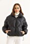 Black Stand Collar Oversize Inflatable Coat with Elastic Bottom and Adjustable Drawstring Zipper