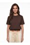 Bitter Brown Viscose Blended Crew Neck Short Sleeve Elastic Waist Balloon Form Crop T-Shirt - 2