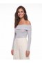 Gray Cotton Stretchy Camisole Fabric Madonna Collar Long Sleeve Slim Fit Ribbed Blouse - 4
