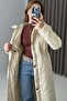 Cream Quilted Textured Hooded Long Comfortable Fit Snap Detailed Fiber Filled Inflatable Coat - 2