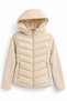 Beige Polyester Fabric Long Sleeve Slim Fit Quilted Stitching Detailed Zipper Pocket Hooded Coat