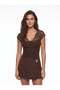 Bitter Brown Stretchy Fabric V-Neck Short Sleeve Body Hugging Blouse with Lace Detail - 2